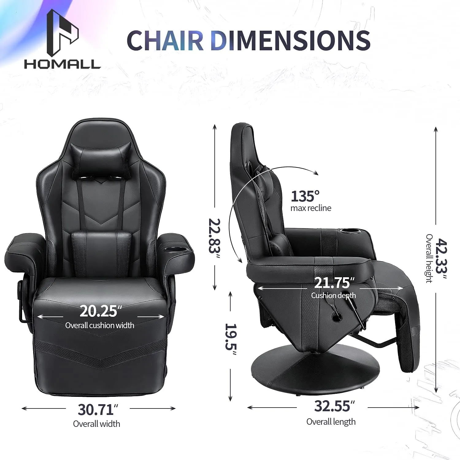Homall Computer Racing Style Pu Leather Ergonomic Adjusted Reclining Video Gaming Single Sofa Chair with Footrest Headrest and Lumbar Support (Black)