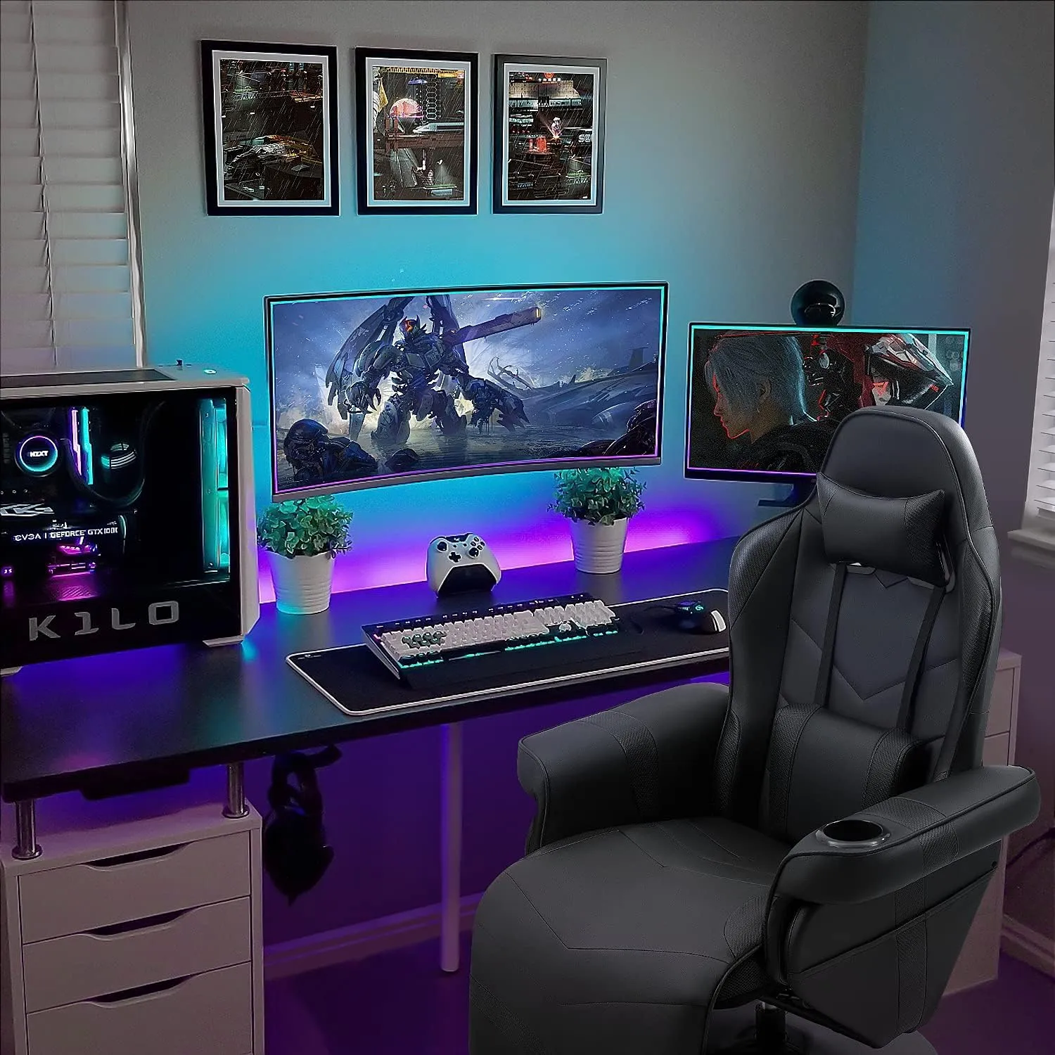 Homall Computer Racing Style Pu Leather Ergonomic Adjusted Reclining Video Gaming Single Sofa Chair with Footrest Headrest and Lumbar Support (Black)