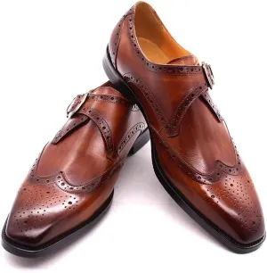 HOOENG Dress Oxford for Men Slip on Monk Strap Brogue Brocaded Wing-tip Foursquare Toe Cowhide Non Slip Anti-Slip Low Top Block Heel Rubber Sole Casual