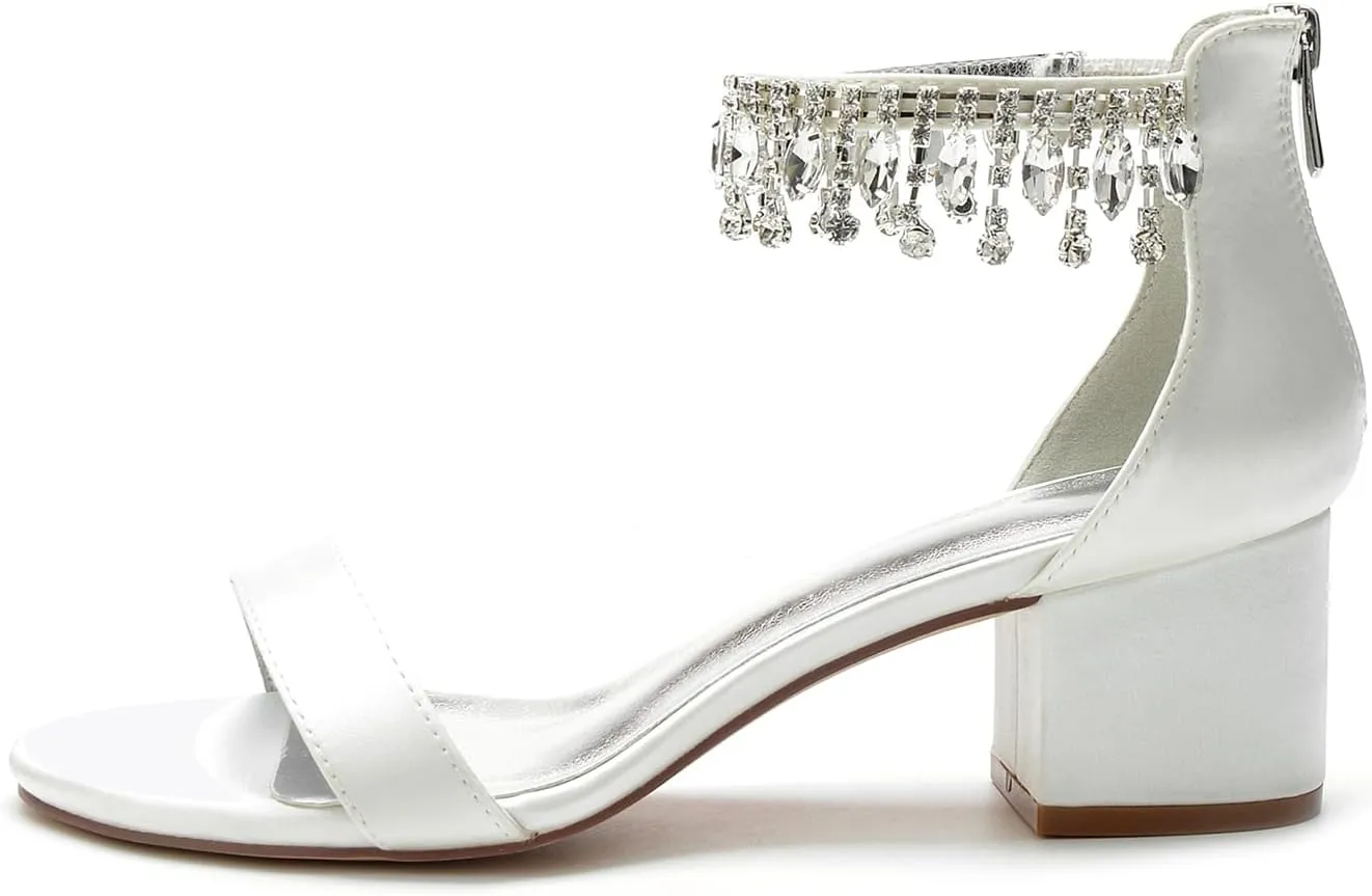 Hyinlays Block Heels Wedding Chunky Sandals for Women Crystal Shoes Low Heel Comfortable Pump for Prom Party