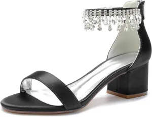 Hyinlays Block Heels Wedding Chunky Sandals for Women Crystal Shoes Low Heel Comfortable Pump for Prom Party