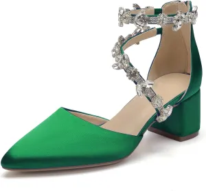 Hyinlays Women's Closed Pointed Toe Block Heel Satin Crystal Wedding Pump Shoes Chunky Low Heel Bridal Prom Heels Sandals