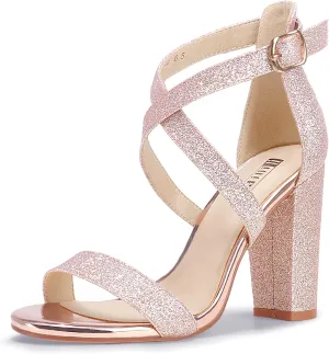 IDIFU Women's Chunky High Heel Sandal Strappy Open Toe Ankle Strap Dress Shoes for Women Bridesmaid Ladies in Wedding Bridal Evening Homecoming Prom
