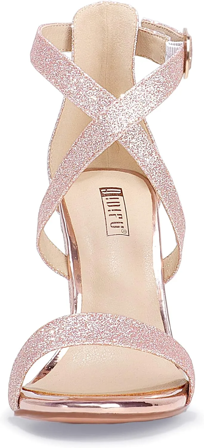 IDIFU Women's Chunky High Heel Sandal Strappy Open Toe Ankle Strap Dress Shoes for Women Bridesmaid Ladies in Wedding Bridal Evening Homecoming Prom