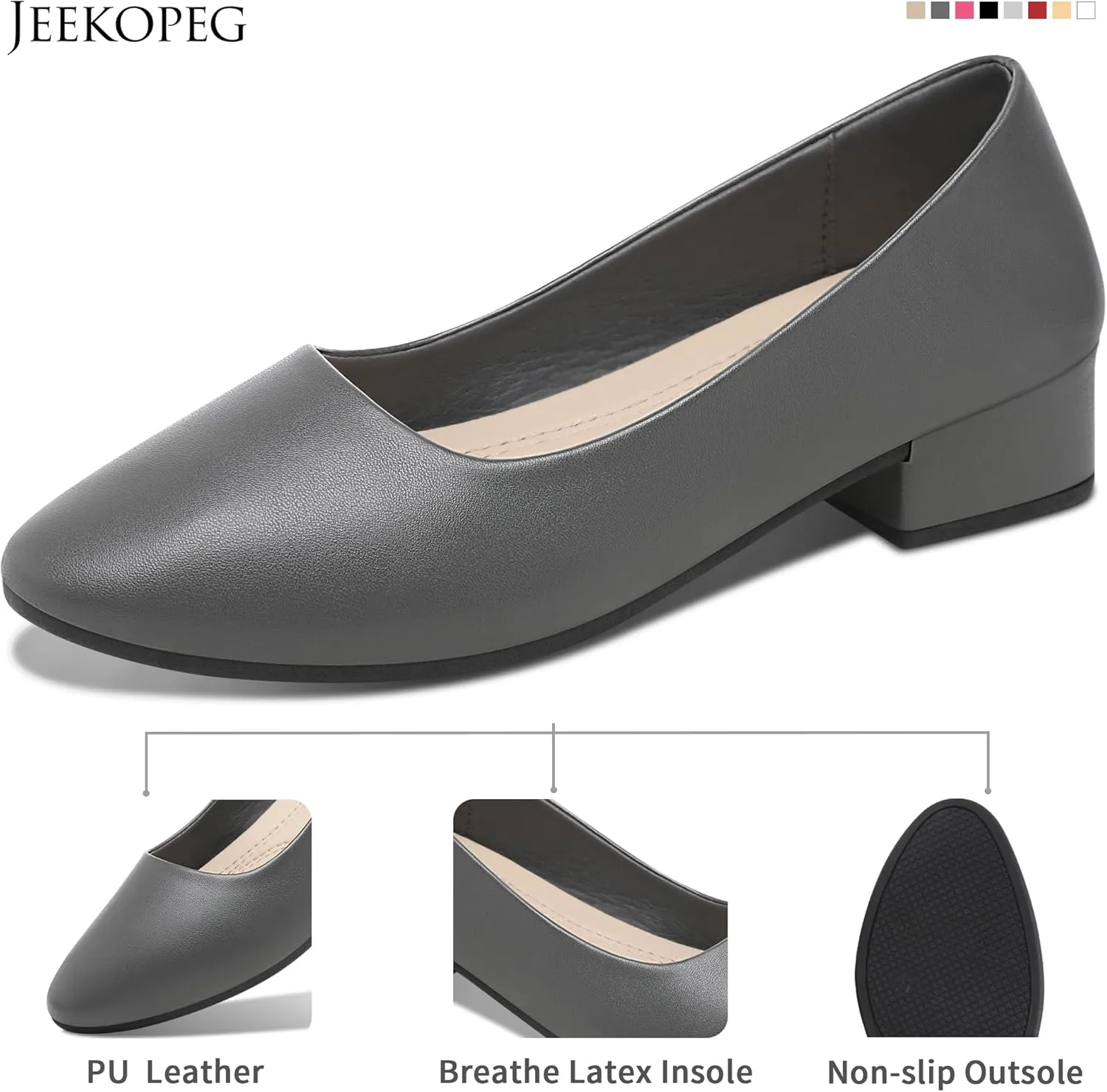 Jeekopeg Low Chunky Pumps Women's Round Toe Heels PU Leather Chunky Pump Shoes Classic Closed Toe Pumps Low Heel Dress Shoes for Women