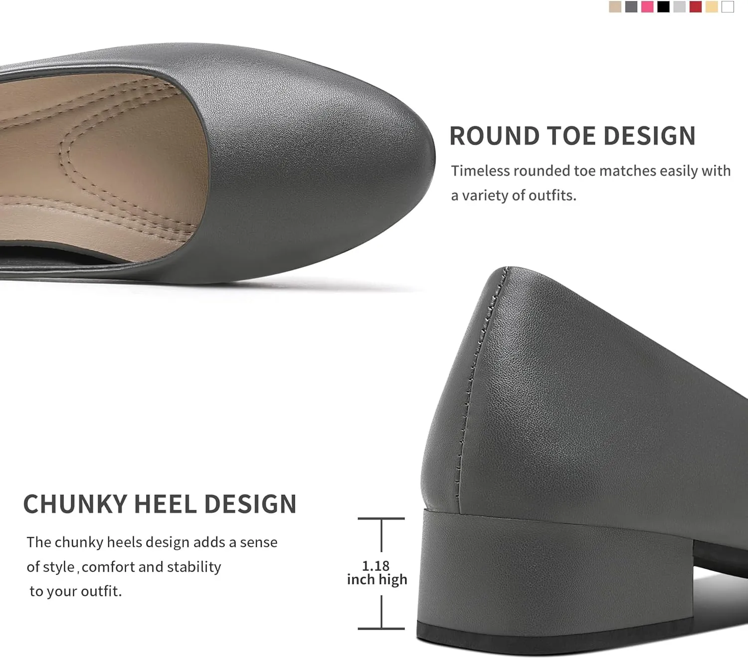 Jeekopeg Low Chunky Pumps Women's Round Toe Heels PU Leather Chunky Pump Shoes Classic Closed Toe Pumps Low Heel Dress Shoes for Women