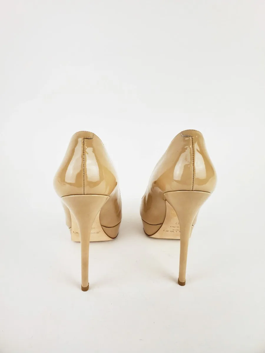 JIMMY CHOO COSMIC NUDE PATENT LEATHER PLATFORM PUMP SZ 7