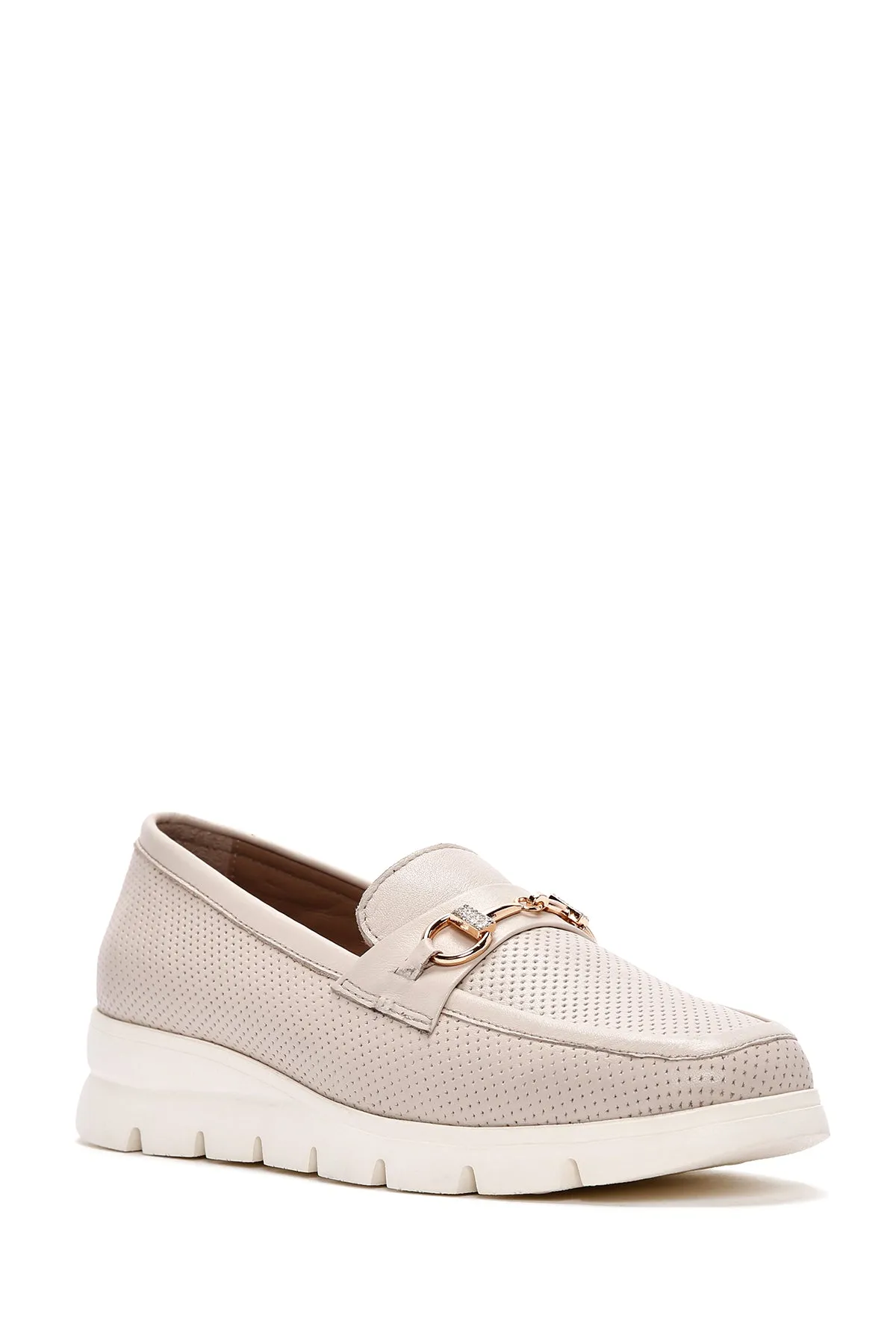 Kadın Krem Tokalı Deri Comfort Loafer