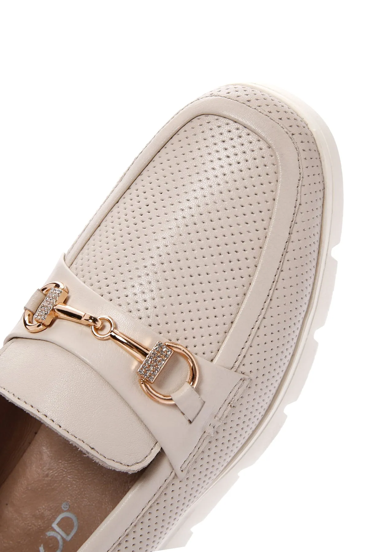 Kadın Krem Tokalı Deri Comfort Loafer
