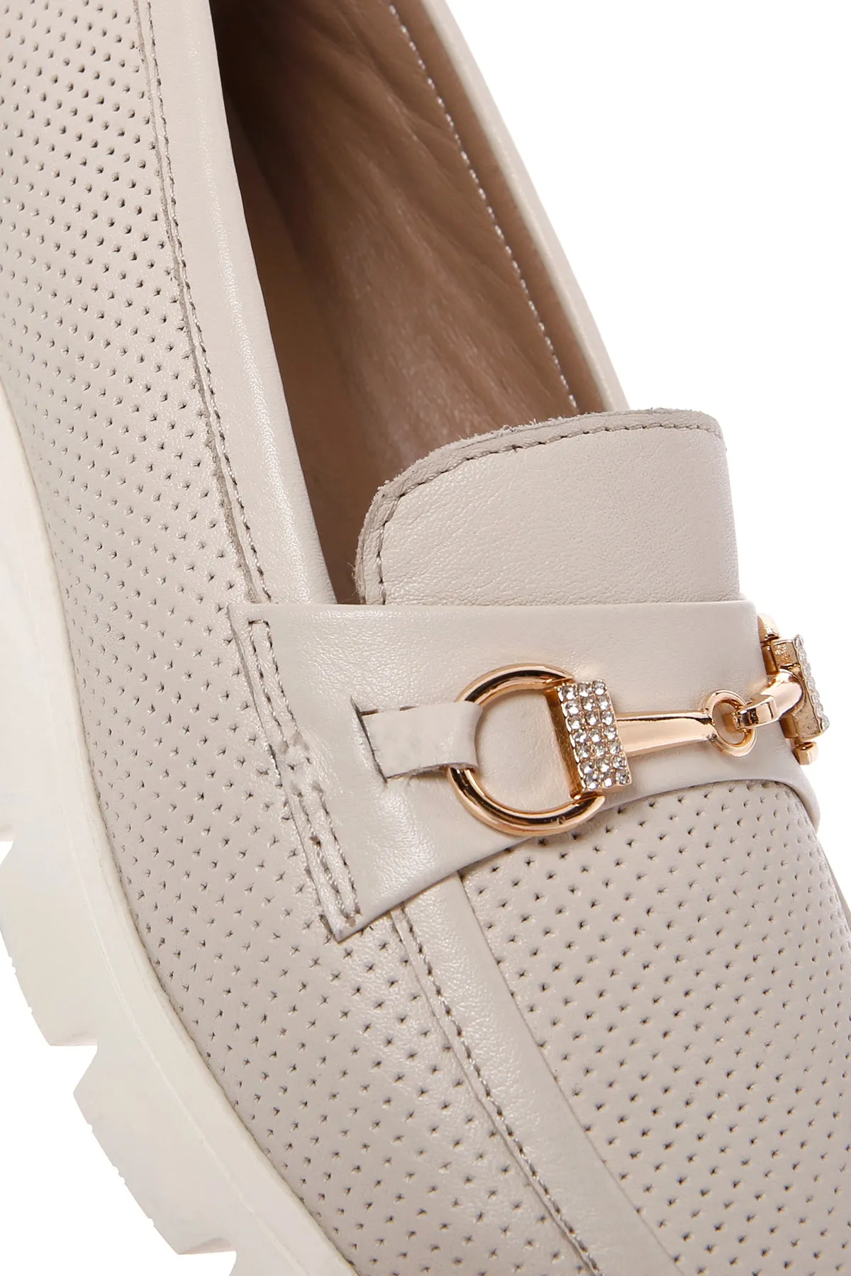 Kadın Krem Tokalı Deri Comfort Loafer