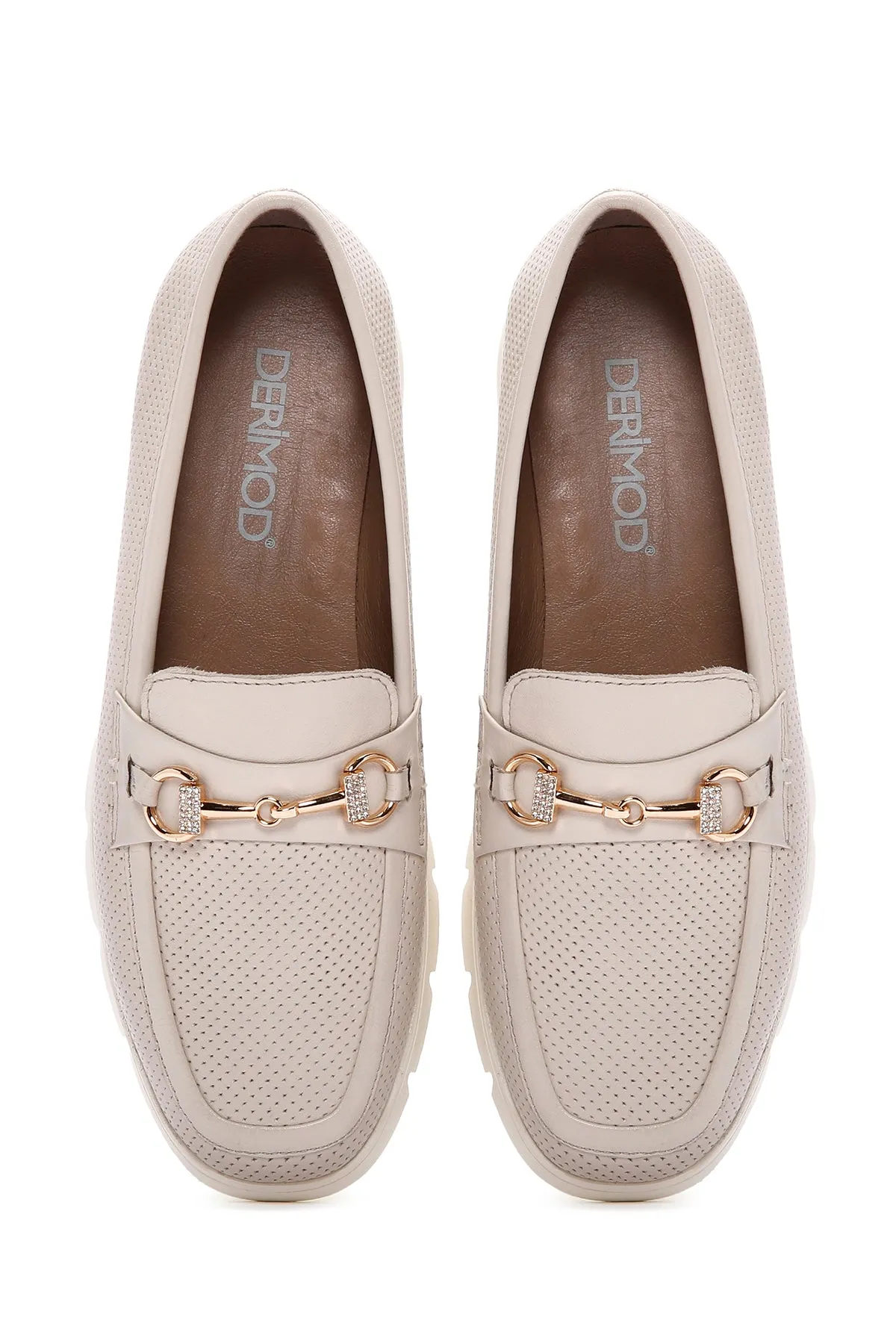 Kadın Krem Tokalı Deri Comfort Loafer