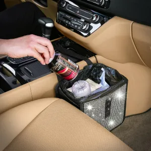 KMMOTORS Jopps Bling Car Trash Can – Foldable Diamond-Style Bin with Strap, PU Leather & Oxford, Waterproof, Sparkly Cubic Finish for Glam Interiors (Medium, Diamond Black)