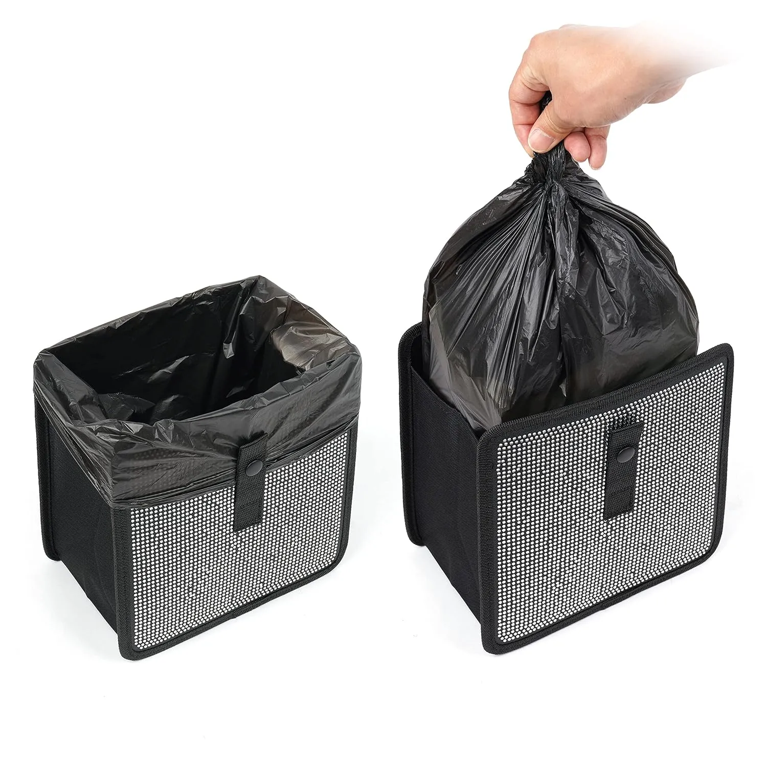 KMMOTORS Jopps Bling Car Trash Can – Foldable Diamond-Style Bin with Strap, PU Leather & Oxford, Waterproof, Sparkly Cubic Finish for Glam Interiors (Medium, Diamond Black)