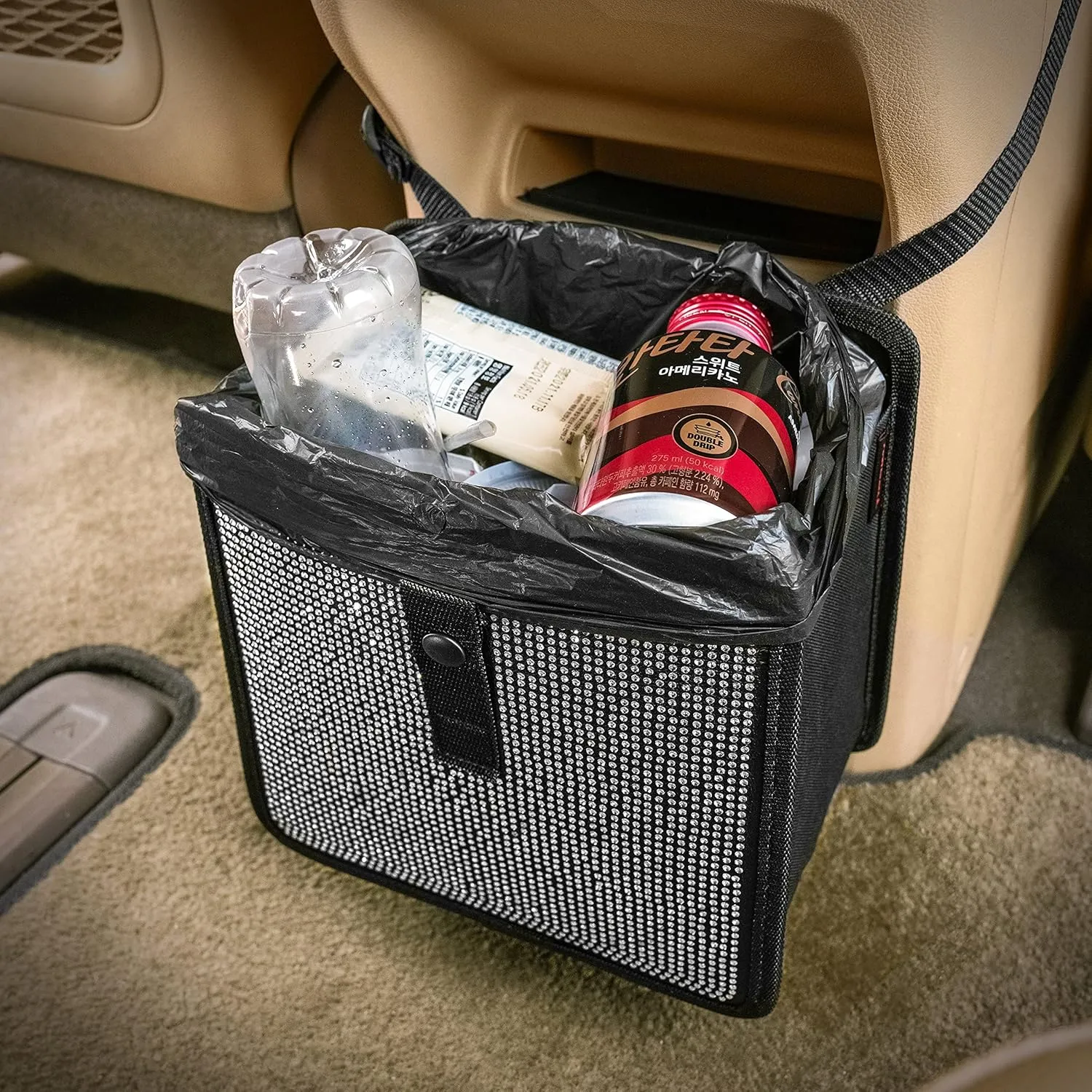 KMMOTORS Jopps Bling Car Trash Can – Foldable Diamond-Style Bin with Strap, PU Leather & Oxford, Waterproof, Sparkly Cubic Finish for Glam Interiors (Medium, Diamond Black)