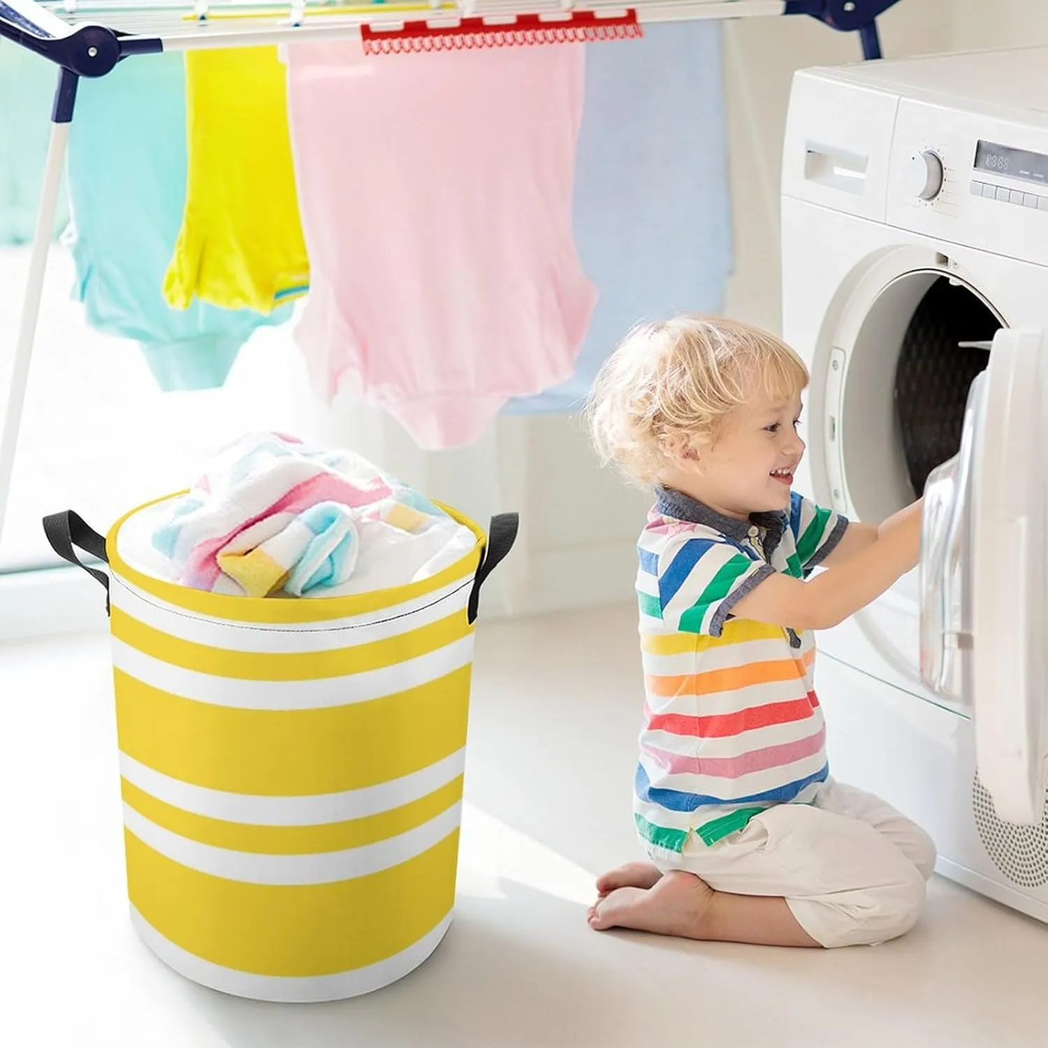 Large Laundry Hamper Bag, Sunshine Yellow and White Striped Collapsible Laundry Basket Waterproof Dirty Clothes Organizer Containers for College Dorms