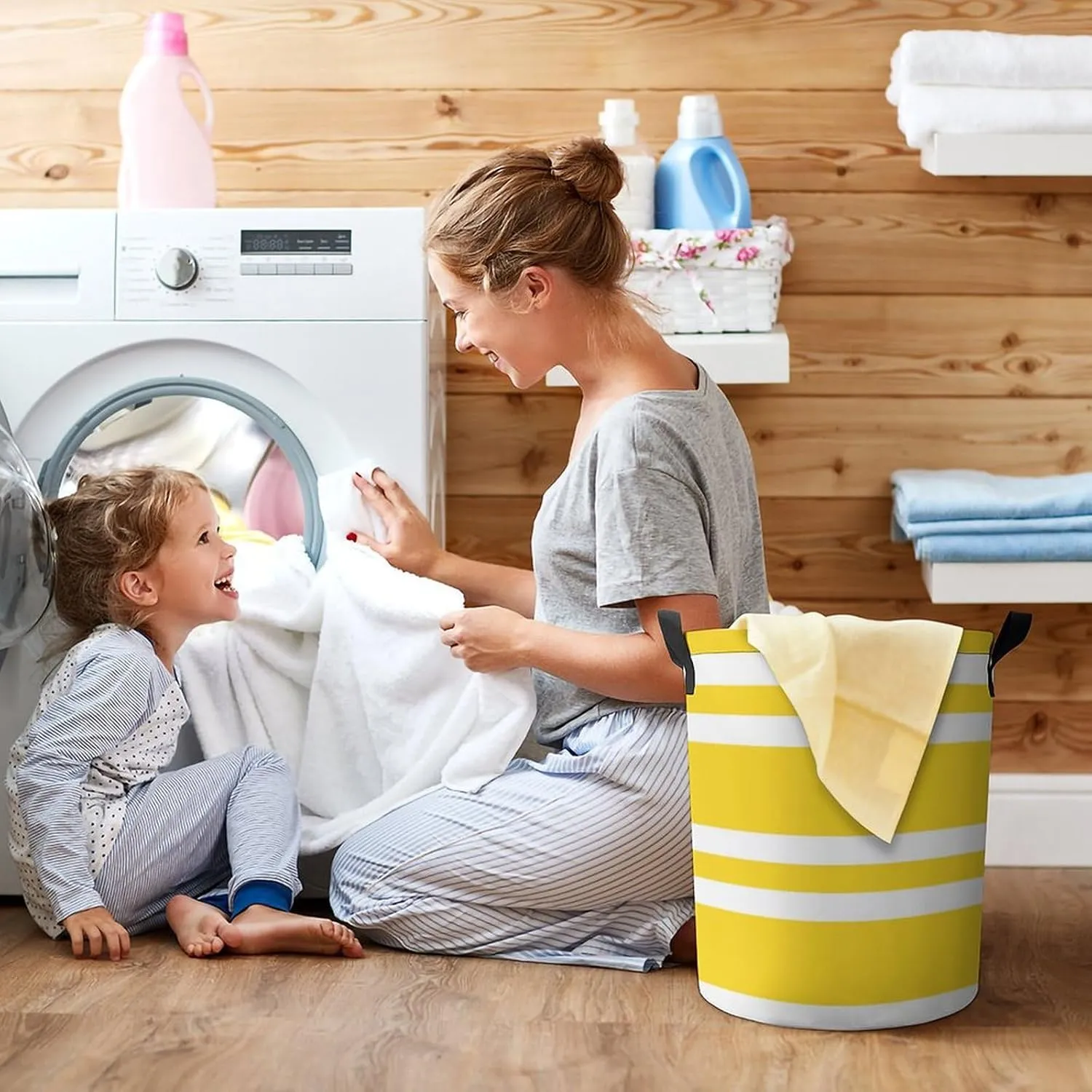 Large Laundry Hamper Bag, Sunshine Yellow and White Striped Collapsible Laundry Basket Waterproof Dirty Clothes Organizer Containers for College Dorms