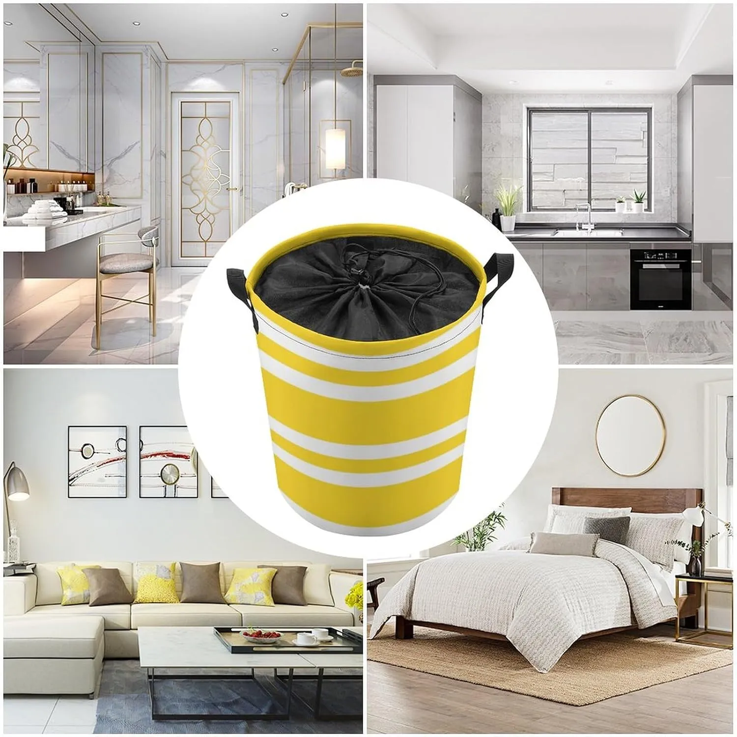 Large Laundry Hamper Bag, Sunshine Yellow and White Striped Collapsible Laundry Basket Waterproof Dirty Clothes Organizer Containers for College Dorms