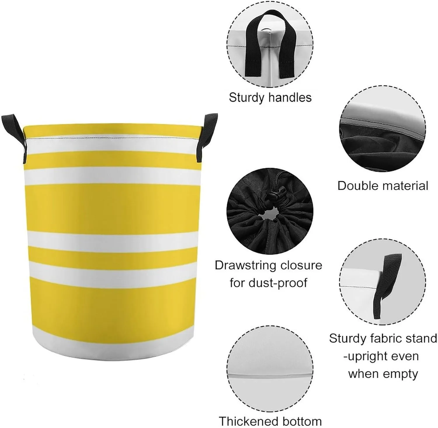 Large Laundry Hamper Bag, Sunshine Yellow and White Striped Collapsible Laundry Basket Waterproof Dirty Clothes Organizer Containers for College Dorms