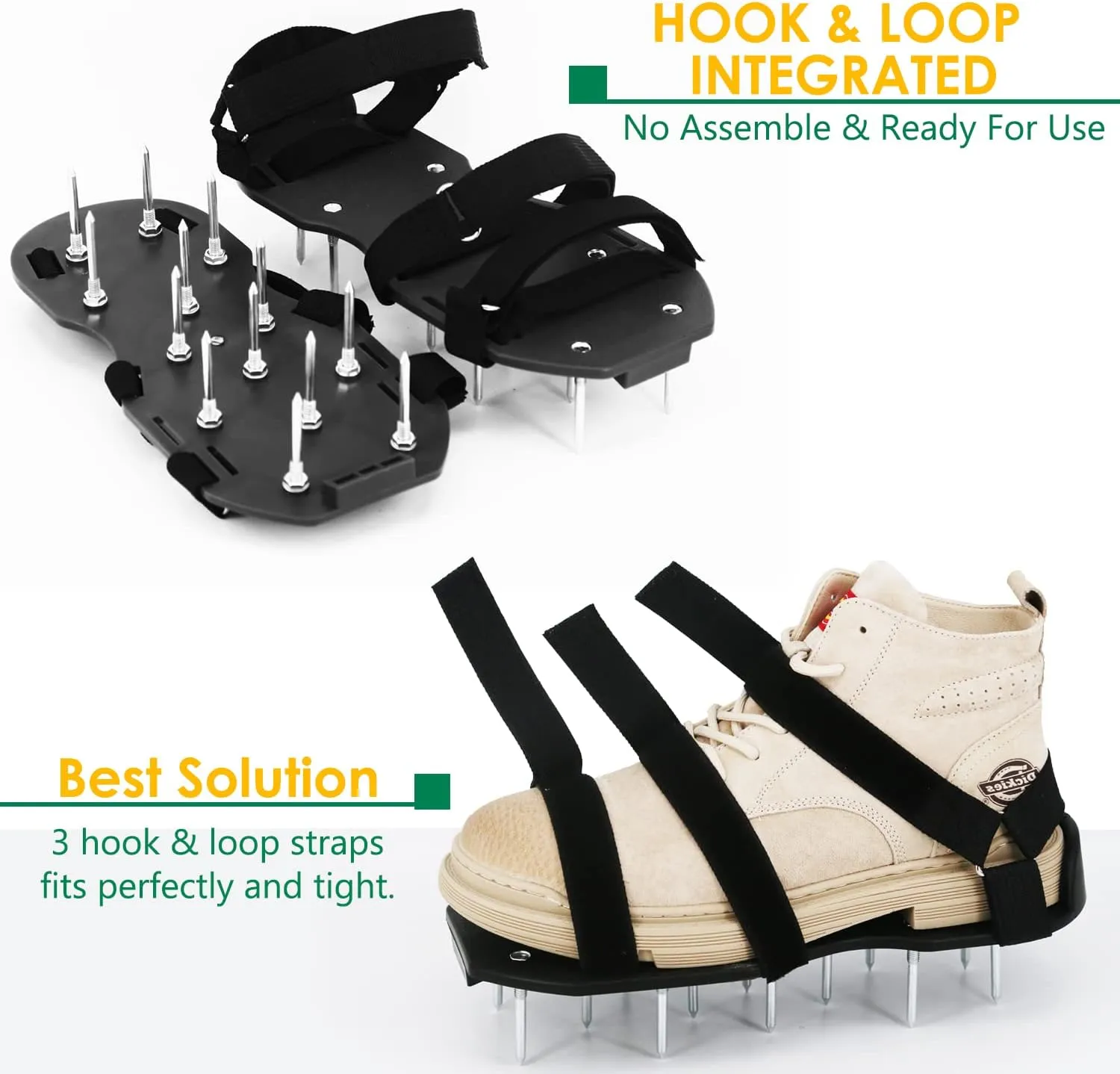 Lawn Aerator Shoes with Hook & Loop Straps for Effectively Aerating Lawn Soil, One Size Fits All Free-Installation Heavy Duty Spiked Sandals Shoes for Yard Garden Patio Grass, Black