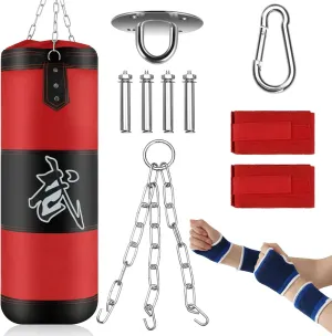 Leyndo Unfilled Boxing Bag Hanging Heavy Punching Boxing Set Adult with Punching Bag Hangers Hand Wraps for Kids Adults Youth Training Karate Taekwondo Kickboxing Muay Thai Indoor