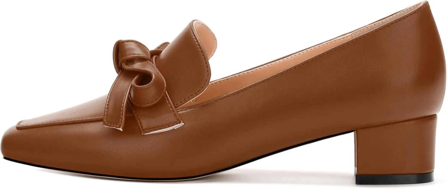 Loafers with Heels for Womens Bowknot Chunky Low Heels, Women's Pumps Closed Square Toe Slip On Dress Shoes