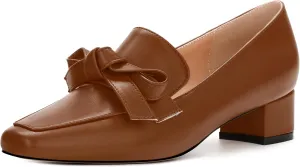 Loafers with Heels for Womens Bowknot Chunky Low Heels, Women's Pumps Closed Square Toe Slip On Dress Shoes