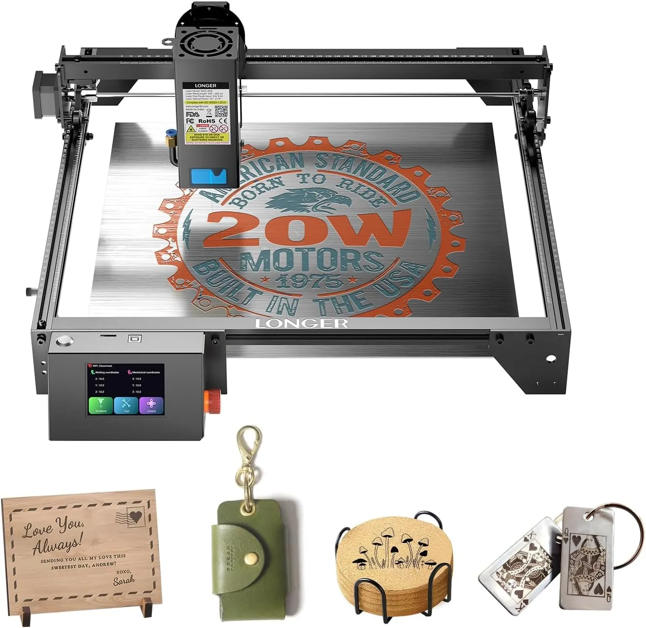Longer RAY5 Upgraded 20W Laser Engraver Machine, Exclusive 3.5" Touch Screen for DIY, Cutting Tool for Metal Coloring, Acrylic, Wood, Glass, Leather. Laser Class 2