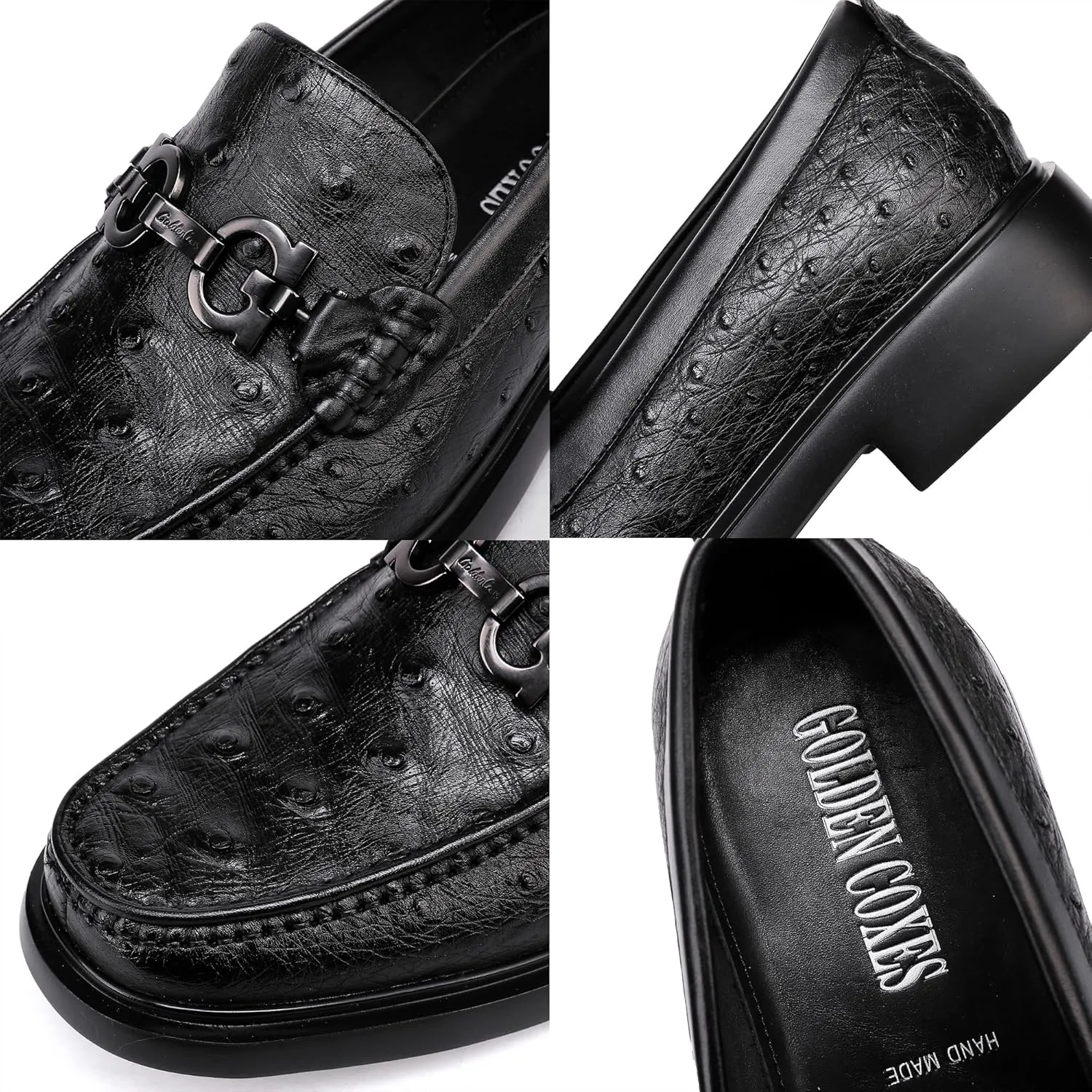 Luxury Men's Genuine Leather Dress Shoes Classic Fashion Ostrich Patterned Business Shoes Party Buckle Penny Loafer for Men, Black