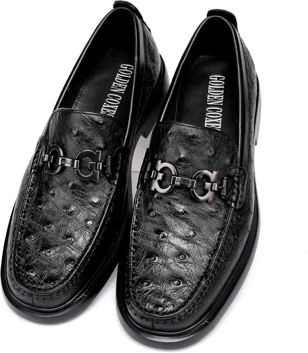 Luxury Men's Genuine Leather Dress Shoes Classic Fashion Ostrich Patterned Business Shoes Party Buckle Penny Loafer for Men, Black