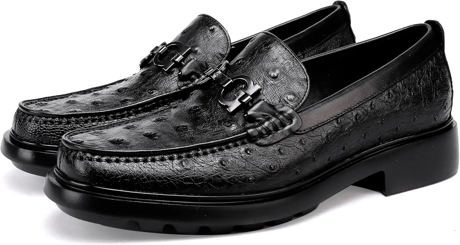 Luxury Men's Genuine Leather Dress Shoes Classic Fashion Ostrich Patterned Business Shoes Party Buckle Penny Loafer for Men, Black
