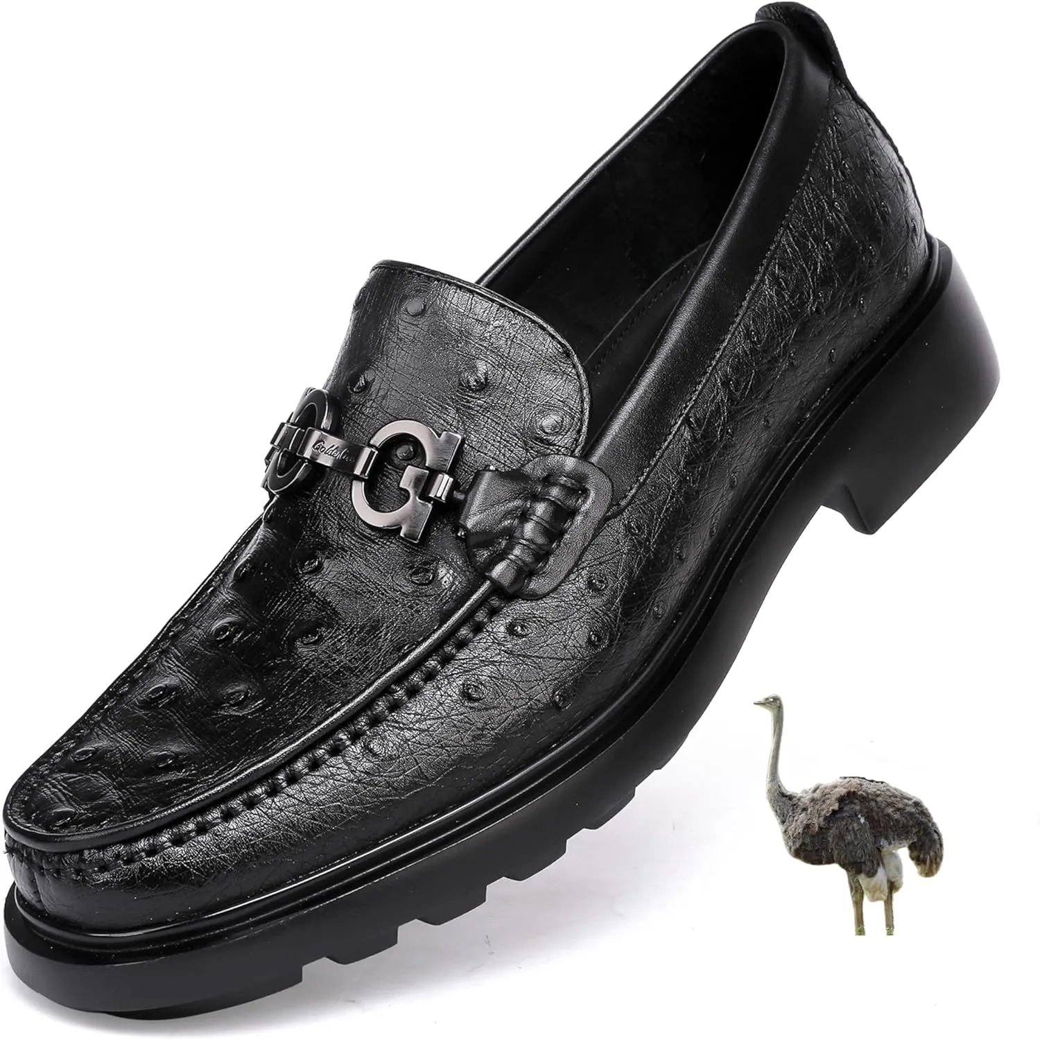 Luxury Men's Genuine Leather Dress Shoes Classic Fashion Ostrich Patterned Business Shoes Party Buckle Penny Loafer for Men, Black