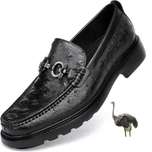 Luxury Men's Genuine Leather Dress Shoes Classic Fashion Ostrich Patterned Business Shoes Party Buckle Penny Loafer for Men, Black