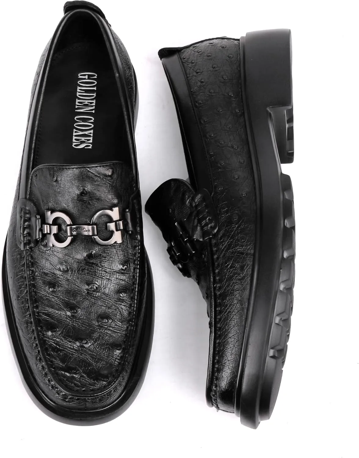 Luxury Men's Genuine Leather Dress Shoes Classic Fashion Ostrich Patterned Business Shoes Party Buckle Penny Loafer for Men, Black