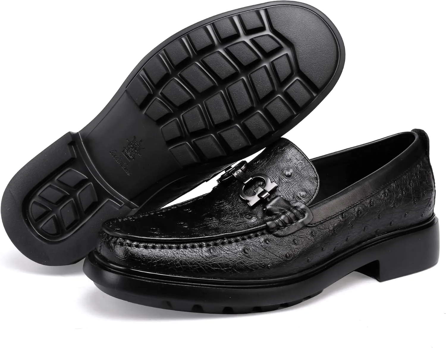 Luxury Men's Genuine Leather Dress Shoes Classic Fashion Ostrich Patterned Business Shoes Party Buckle Penny Loafer for Men, Black