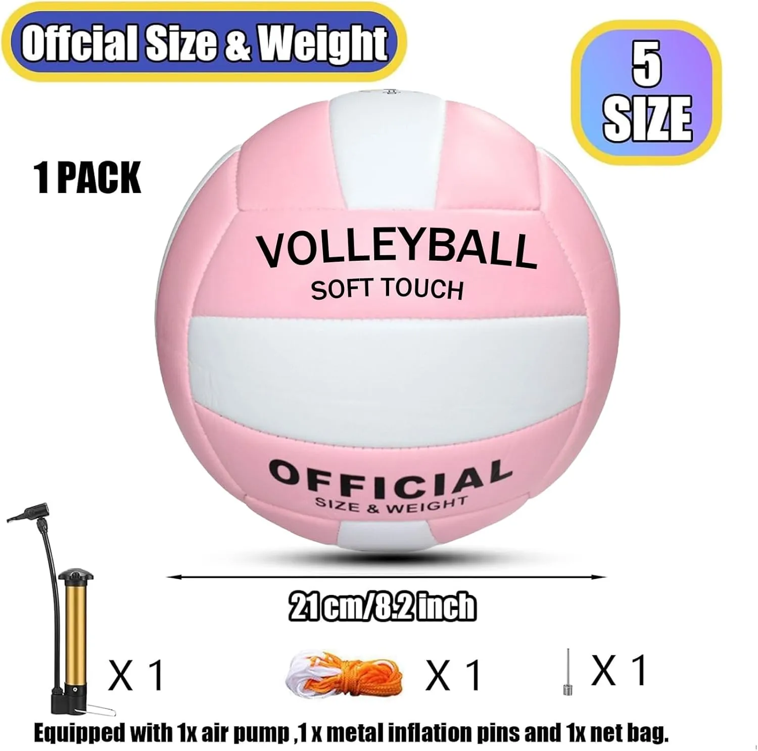Magicorange Volleyball, 1 Pack Official Size 5 Volleyballs- PU Leather Indoor Outdoor Soft Touch Volleyballs for Beach Play, Game,Gym,Training -Includes Ball Pump