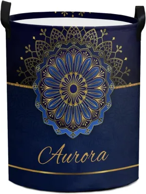 Mandala Blue Vintage Personalized Waterproof Foldable Laundry Basket Bag with Handle, Custom Collapsible Clothes Hamper Storage Bin for Toys Laundry Dorm Travel Bathroom