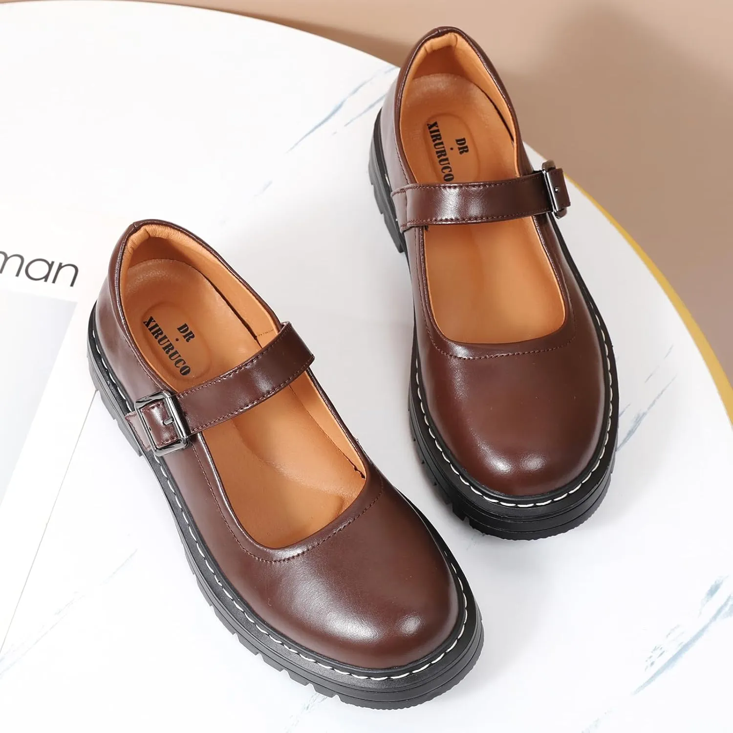 Mary Jane Shoes Women Platform Non-Slip Classics Round Toe Ankle Strap Comfort Casual Oxford Dress Work Mary Jane Flat Shoes