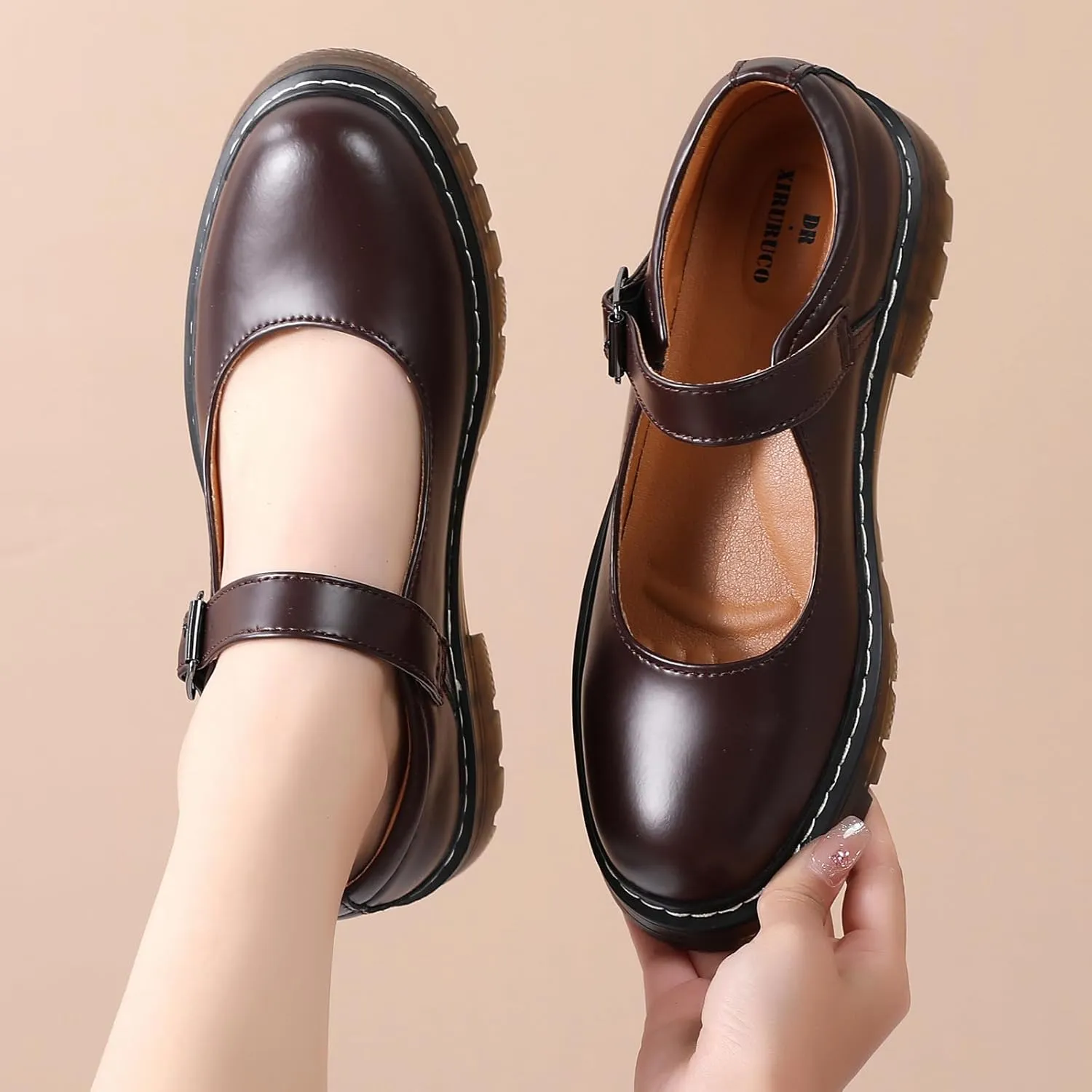 Mary Jane Shoes Women Platform Non-Slip Classics Round Toe Ankle Strap Comfort Casual Oxford Dress Work Mary Jane Flat Shoes
