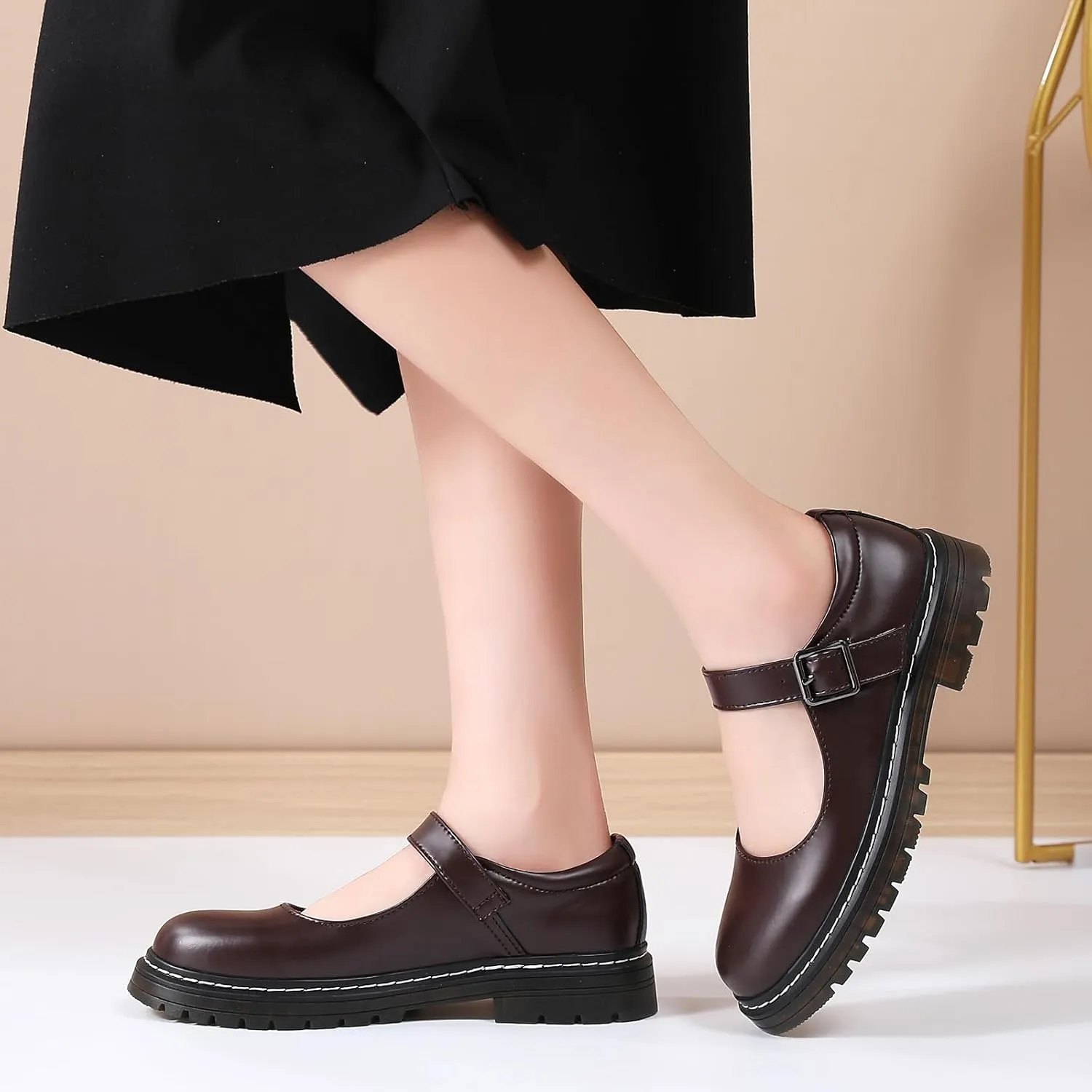 Mary Jane Shoes Women Platform Non-Slip Classics Round Toe Ankle Strap Comfort Casual Oxford Dress Work Mary Jane Flat Shoes