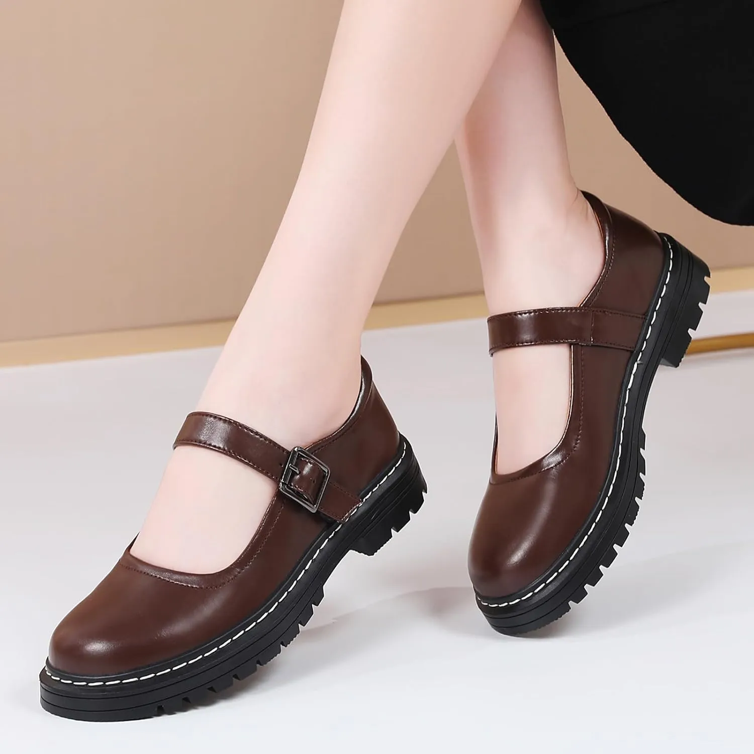 Mary Jane Shoes Women Platform Non-Slip Classics Round Toe Ankle Strap Comfort Casual Oxford Dress Work Mary Jane Flat Shoes