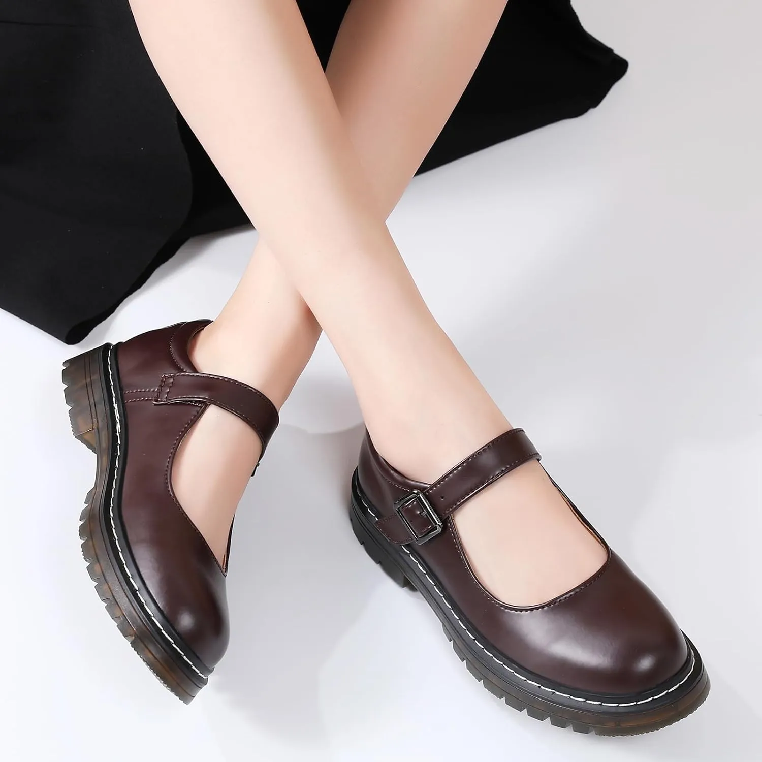Mary Jane Shoes Women Platform Non-Slip Classics Round Toe Ankle Strap Comfort Casual Oxford Dress Work Mary Jane Flat Shoes
