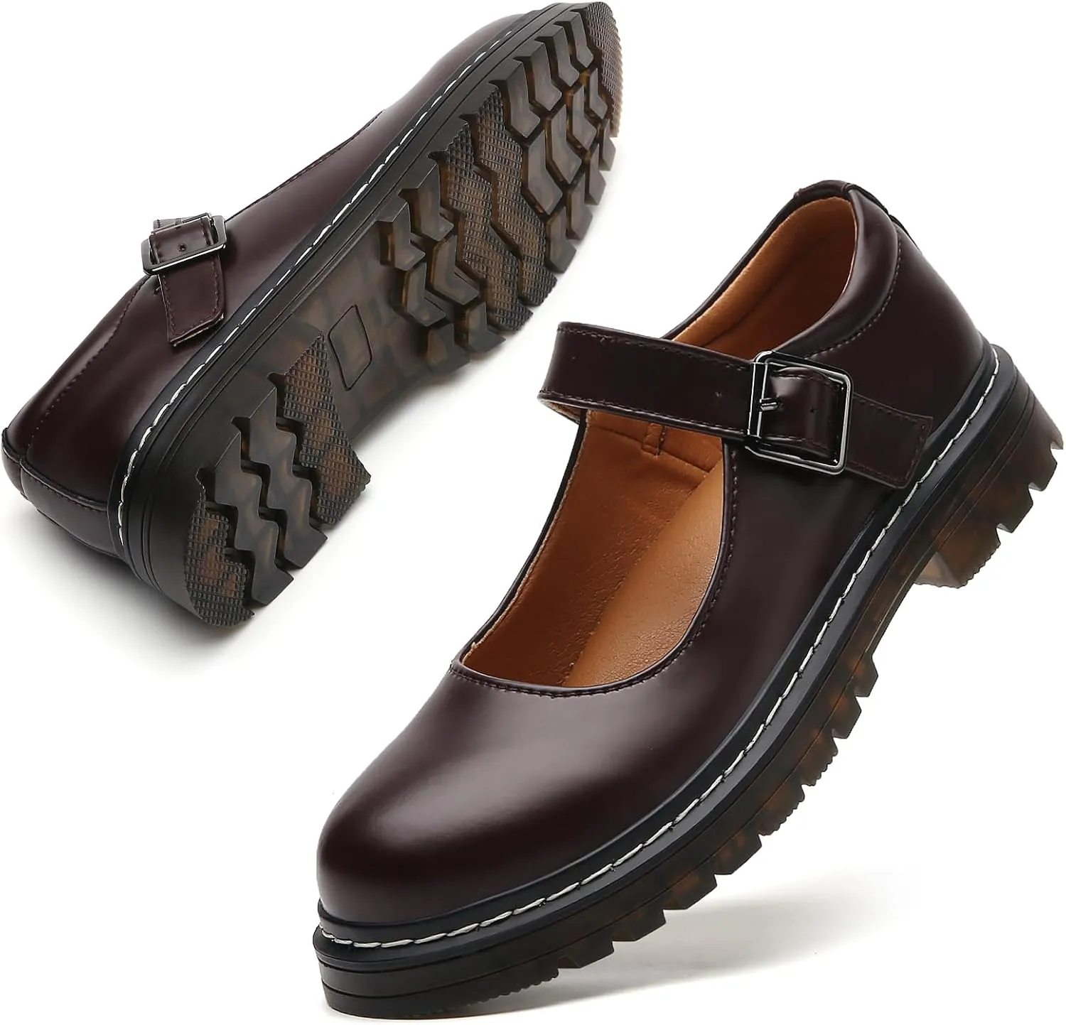Mary Jane Shoes Women Platform Non-Slip Classics Round Toe Ankle Strap Comfort Casual Oxford Dress Work Mary Jane Flat Shoes