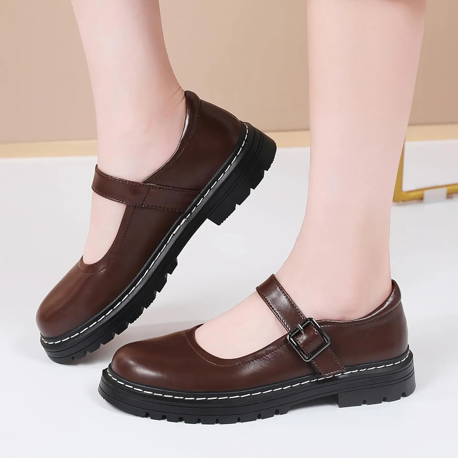 Mary Jane Shoes Women Platform Non-Slip Classics Round Toe Ankle Strap Comfort Casual Oxford Dress Work Mary Jane Flat Shoes