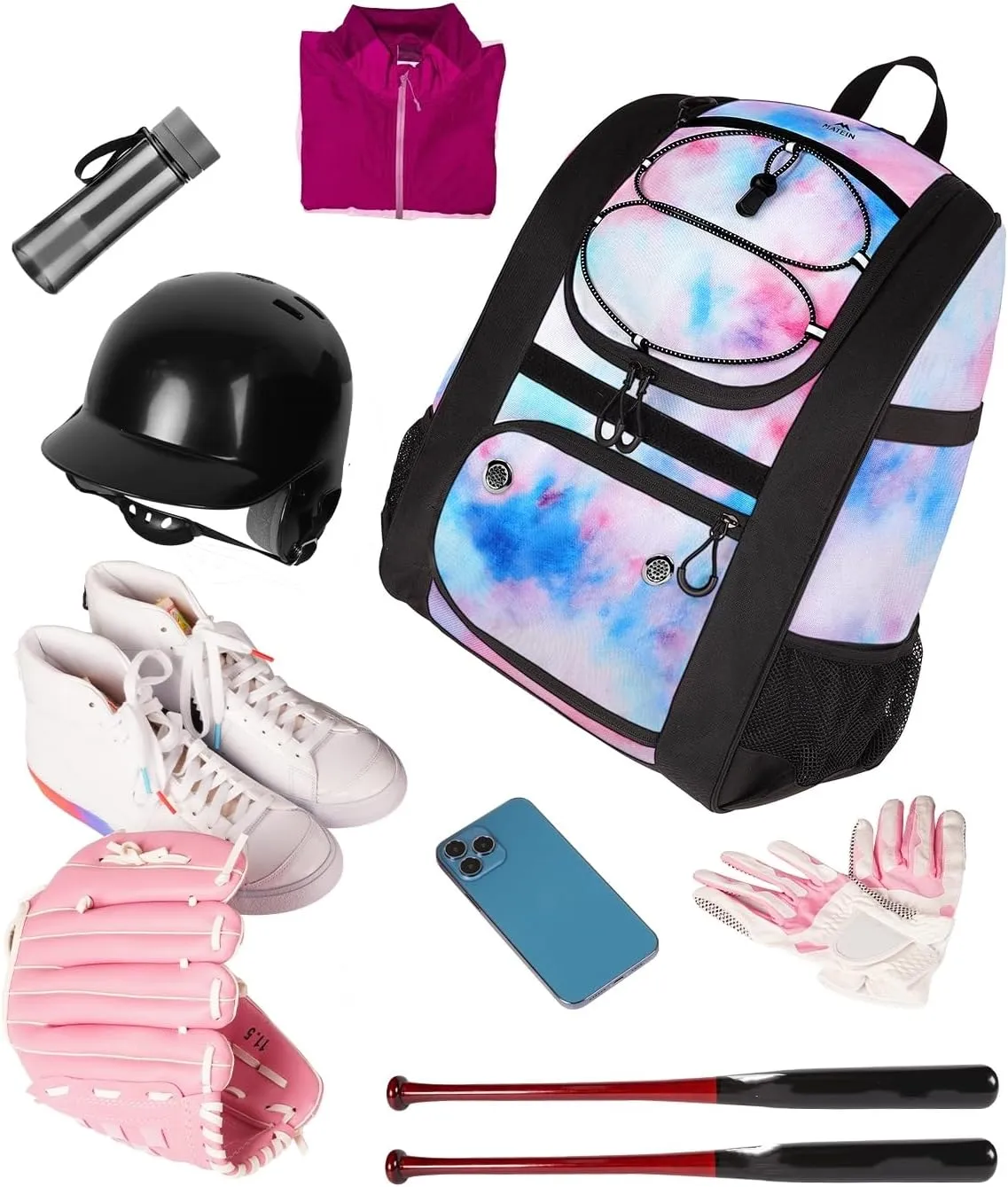 MATEIN Softball Bag, Lightweight Baseball Backpack with Shoe Compartment, Baseball Bag with Fence Hook for TBall Bat & Equipment, Softball Gifts Catchers Backpack for Women Fit Batting Glove, Helmet