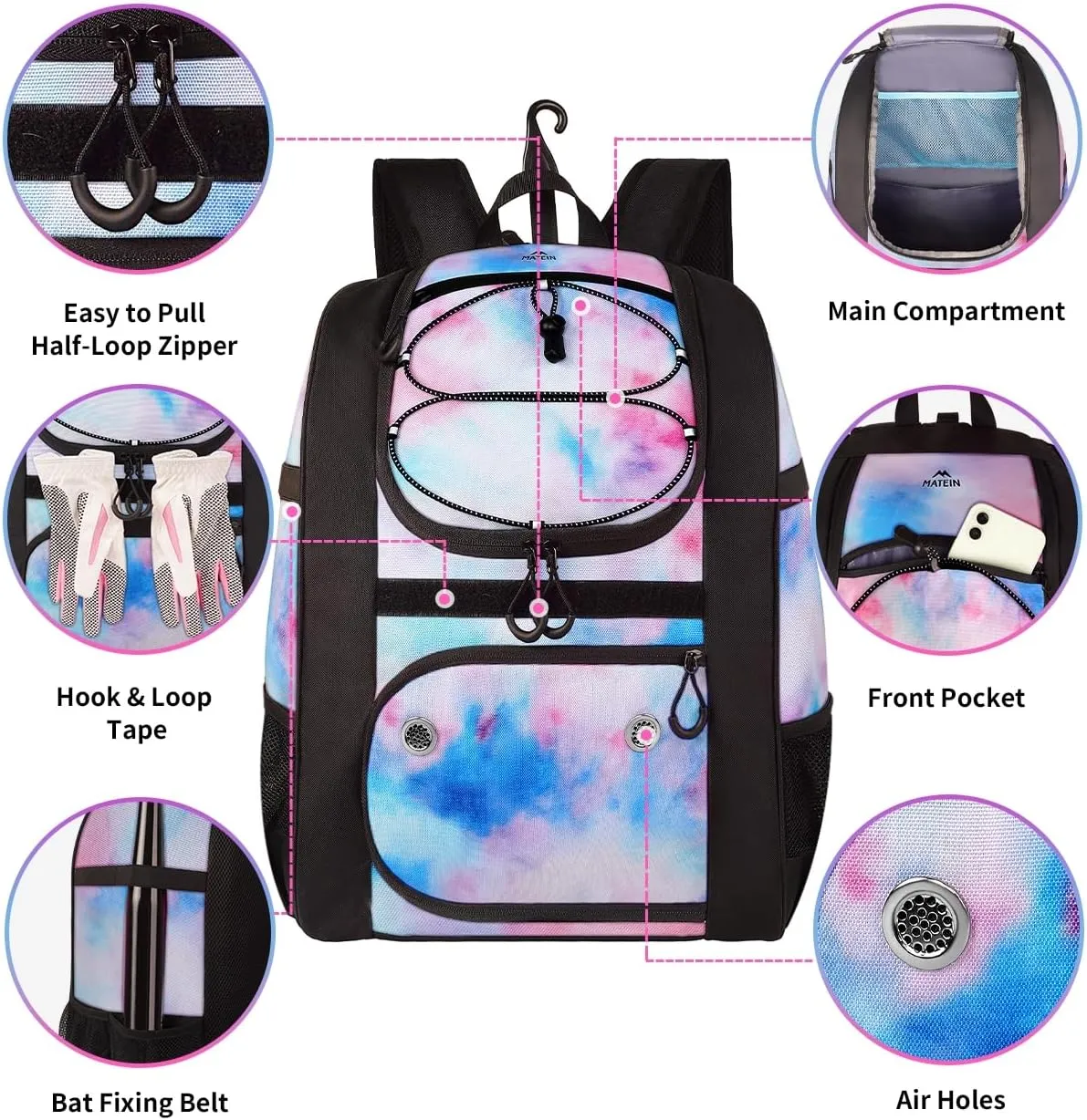 MATEIN Softball Bag, Lightweight Baseball Backpack with Shoe Compartment, Baseball Bag with Fence Hook for TBall Bat & Equipment, Softball Gifts Catchers Backpack for Women Fit Batting Glove, Helmet