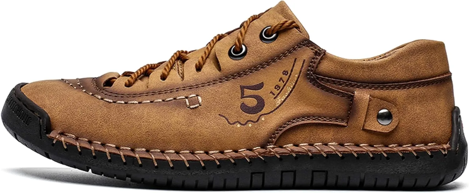Mens Casual Shoes Breathable Sneakers Walking Shoes Lace-Up Leather Dress Flats Shoes for Driving