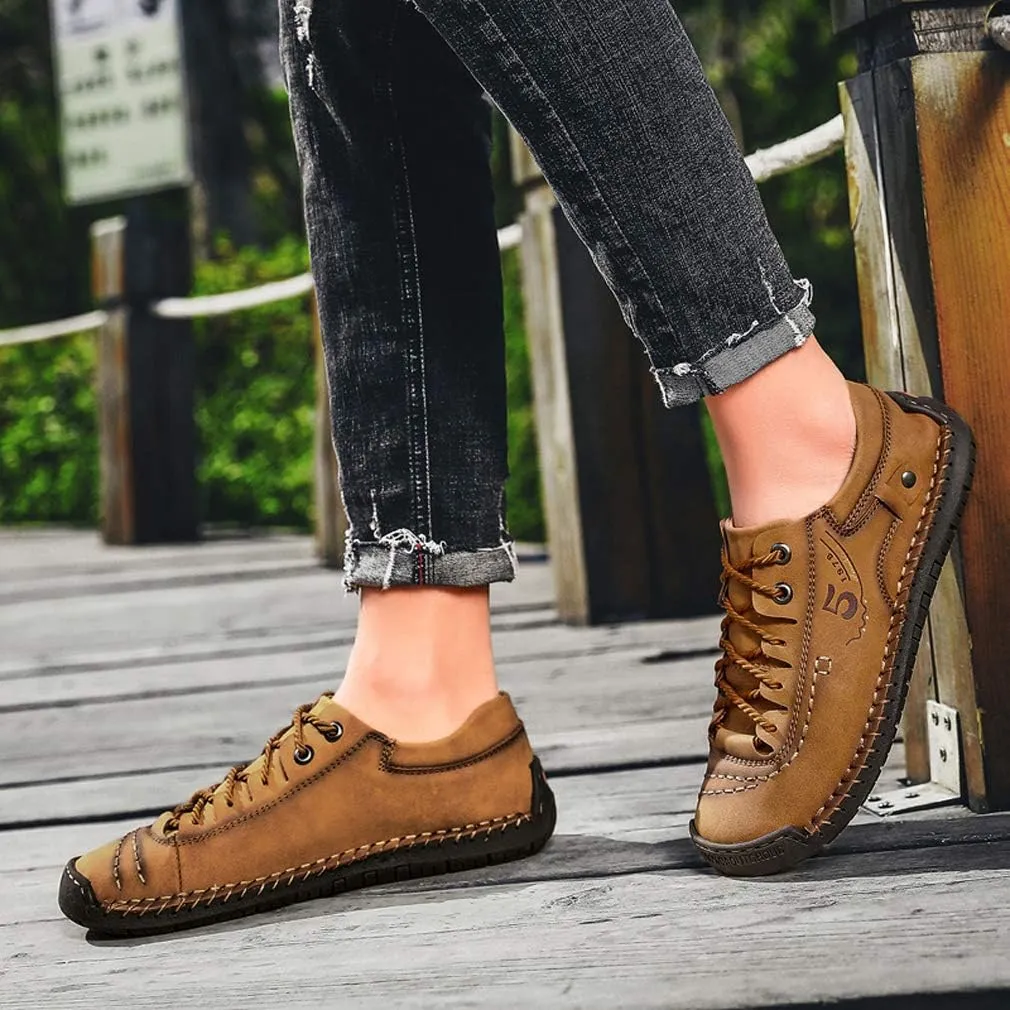 Mens Casual Shoes Breathable Sneakers Walking Shoes Lace-Up Leather Dress Flats Shoes for Driving