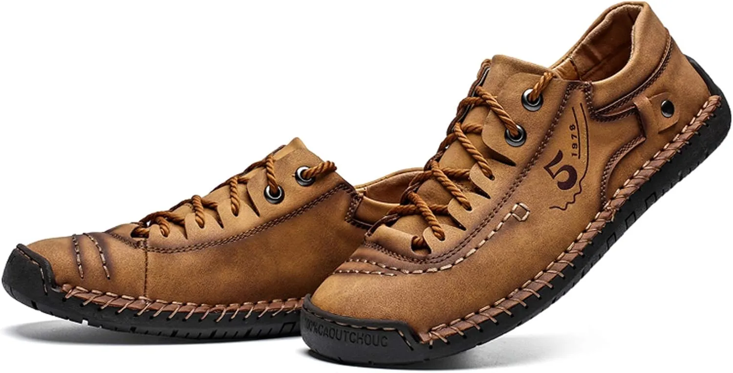 Mens Casual Shoes Breathable Sneakers Walking Shoes Lace-Up Leather Dress Flats Shoes for Driving