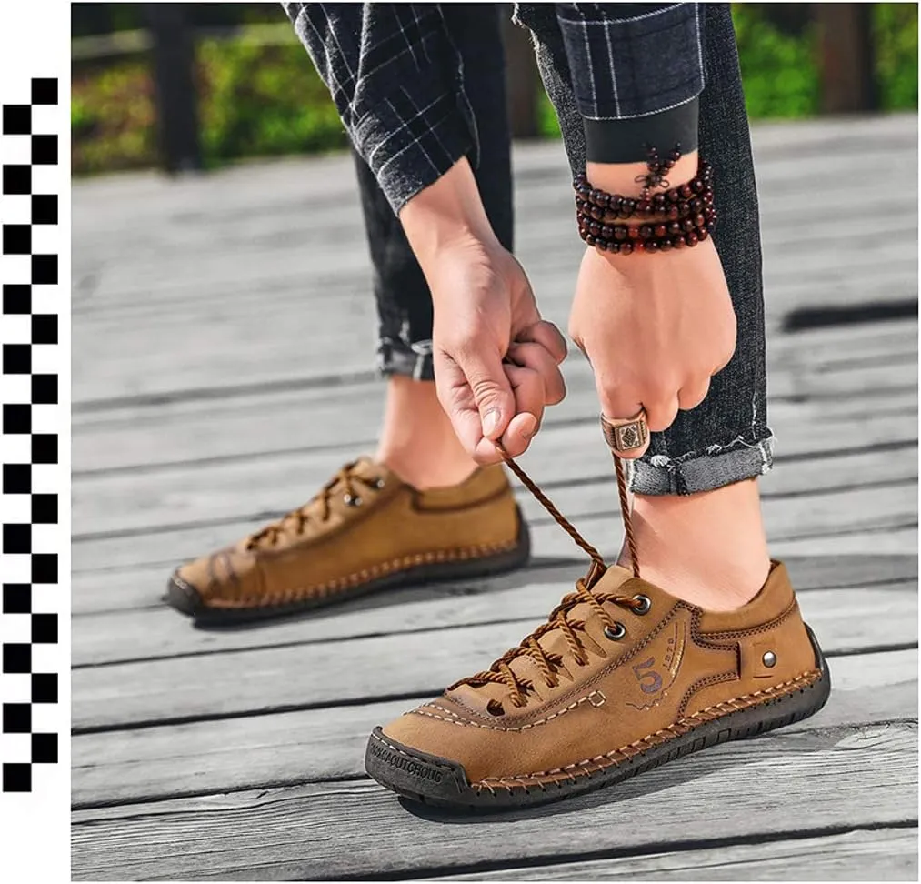 Mens Casual Shoes Breathable Sneakers Walking Shoes Lace-Up Leather Dress Flats Shoes for Driving