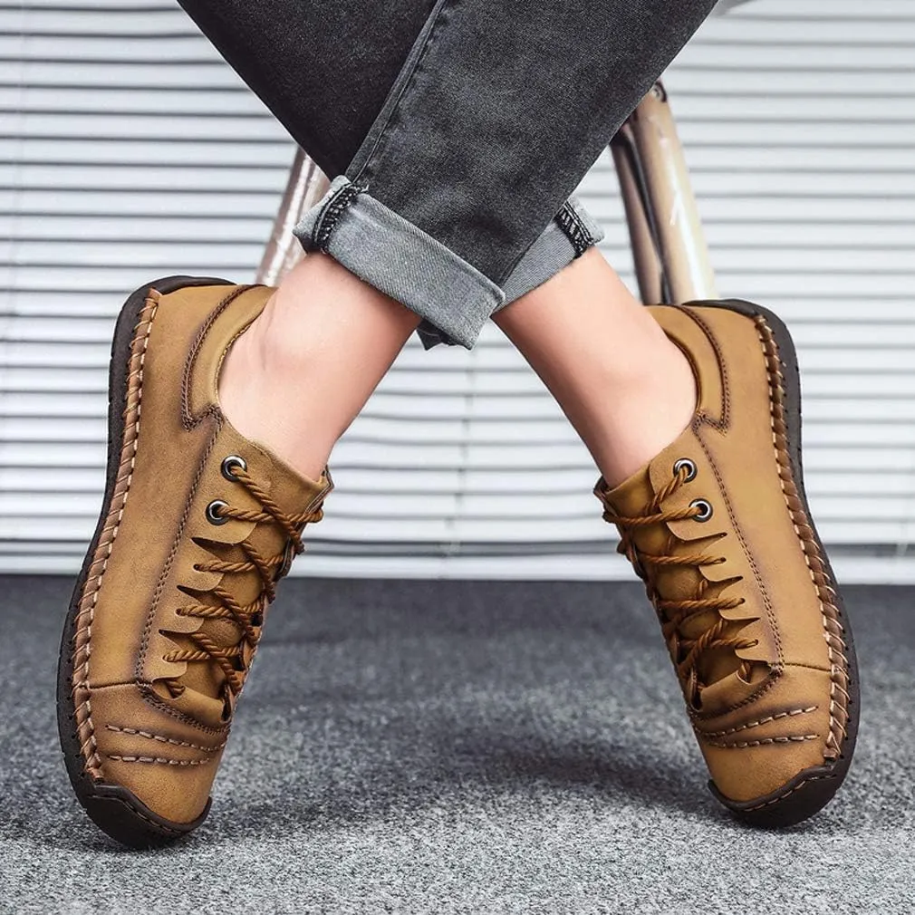 Mens Casual Shoes Breathable Sneakers Walking Shoes Lace-Up Leather Dress Flats Shoes for Driving